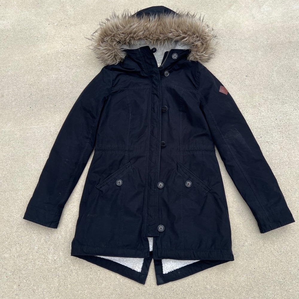 Hollister Parka Jacket Womens Small Black Sherpa Lined Faux Fur Hood Coat